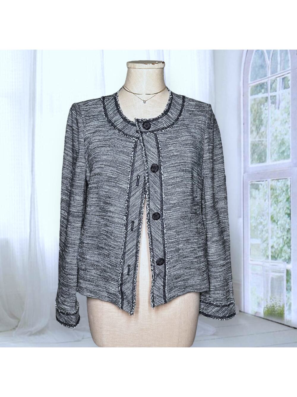 J JILL Tweed Bouclé Blazer Sport Jacket Frayed Hem Round Neck Preppy Blue